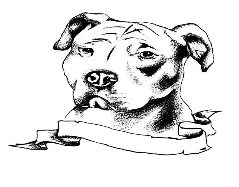 Fine black-and-white dog head and quoteless banner tattoo design