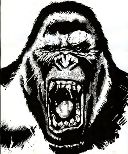 Fine black-and-white gnarling gorilla tattoo design