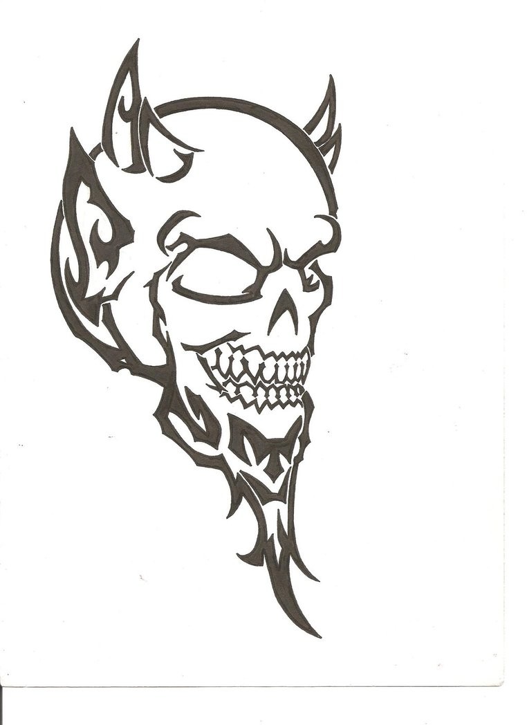 Fine black-ink tribal devil skull tattoo design by The Fuzzy Dude