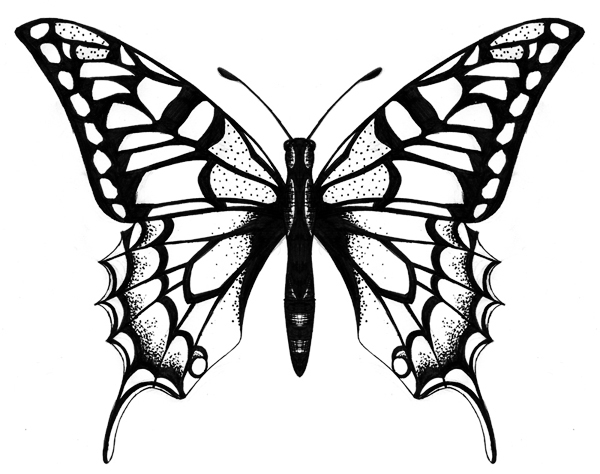 Fine black butterfly with dotwork elements tattoo design