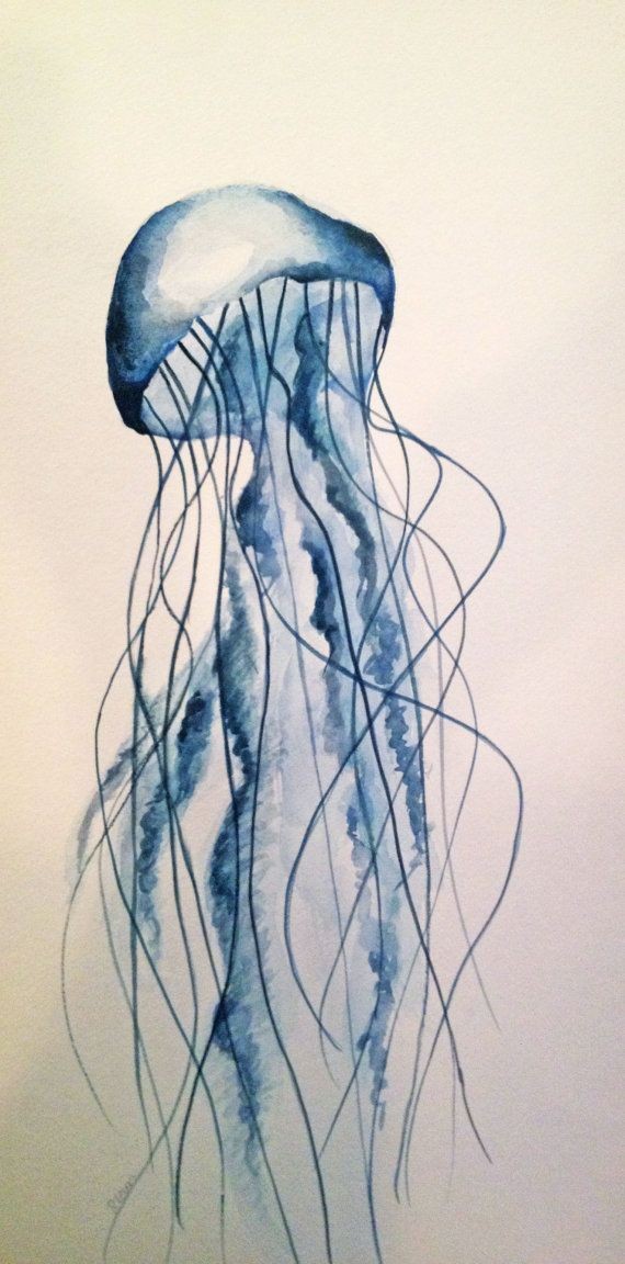 Fine blue watercolor jellyfish tattoo design