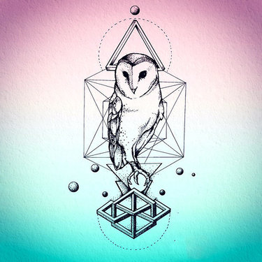 Fine grey owl and geometric drawings tattoo design