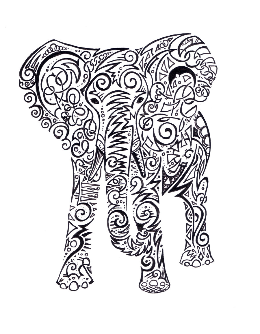 Fine ornamented black-line elephant tattoo design