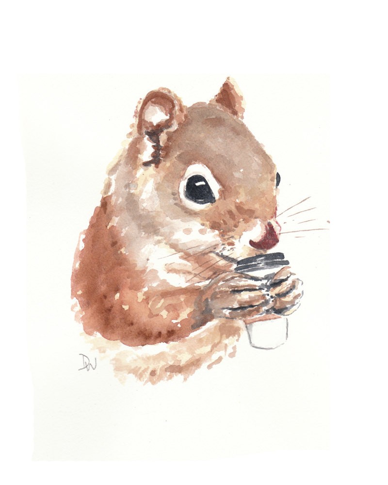 Fine watercolor squirrel drinking coffee tattoo design