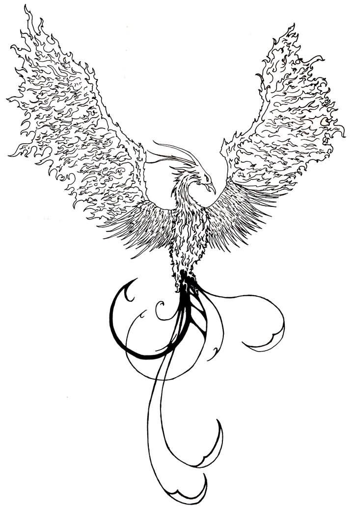 Fire-winged phoenix without coloring tattoo design