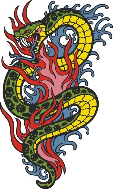 Fire skull-patterned snake tattoo design