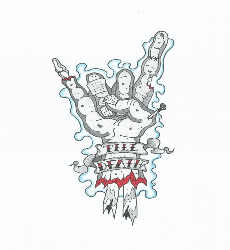 Flaming zombie hand with a banner tattoo design