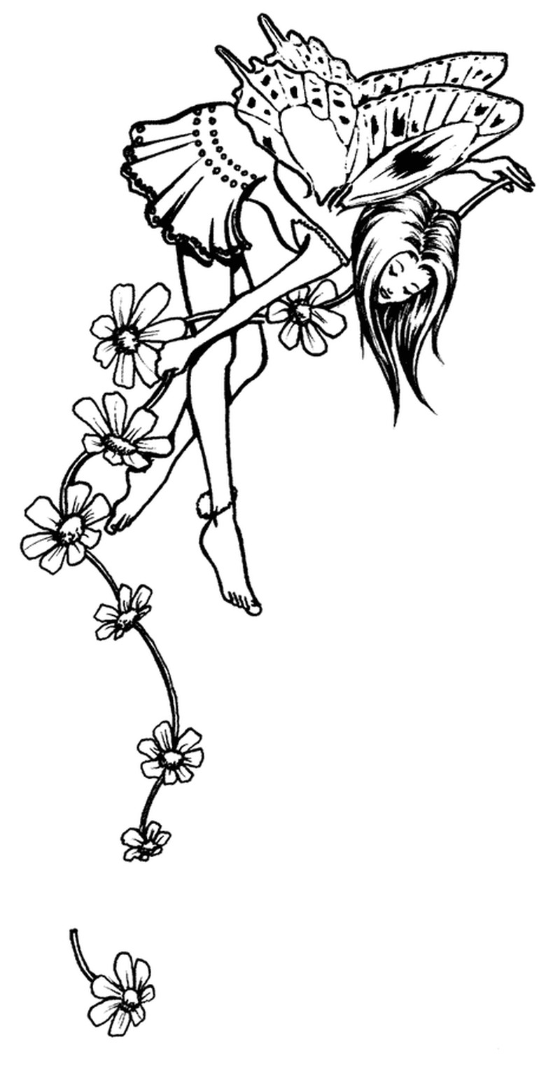 Flexible outline fairy with camomiles tattoo design