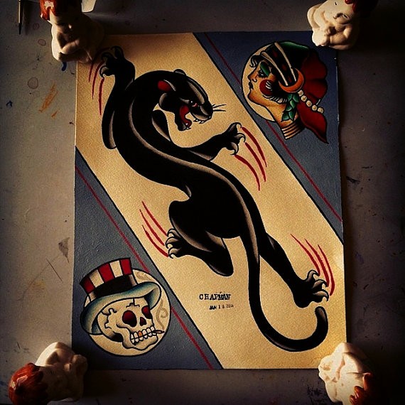 Flexible panther with bloody scratches in old school style tattoo design