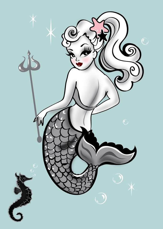 Flirting blondy mermaid with grey tail and tiny trident tattoo design