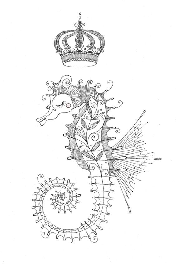 Floral sleeping imperial seahorse with crown tattoo design