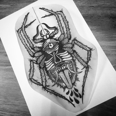 Fluffy-leggen spider with monster grin body tattoo design