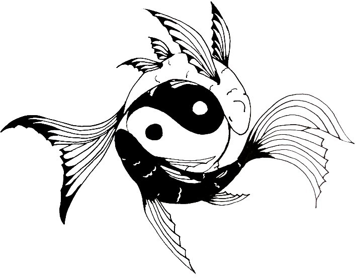 Fluffy-tailed fish and yin yang symbol tattoo design by Wearemarshal