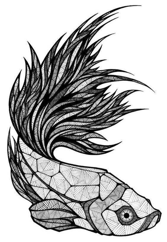 Fluffy-tailed fish with geometric pattern tattoo design