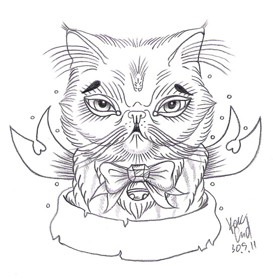 Fluffy cat with bow decoration and unquoted stripe tattoo design