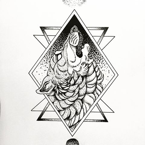 Fluffy dotwork howling wolf in geometric frame tattoo design