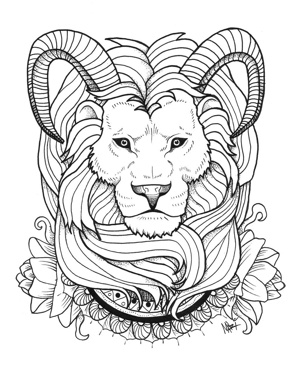 Fluffy lion head with sheep horns tattoo by Mary Marylp