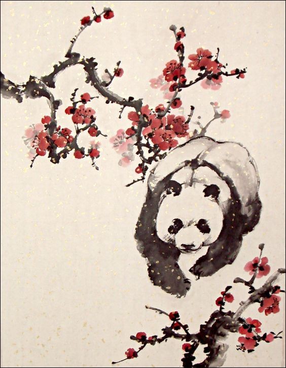 Fluffy panda walking among sakura branches tattoo design