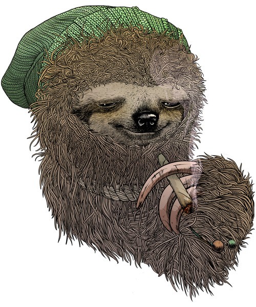 Fluffy sloth hipster in green hat smoking a sigarette tattoo design