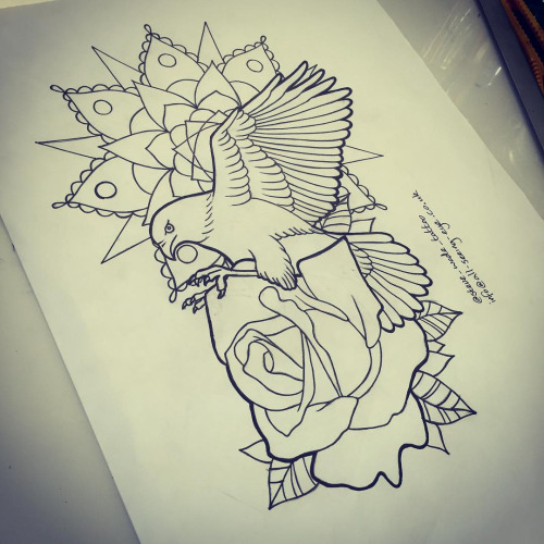 Flying bird with rose and mandala flower tattoo design