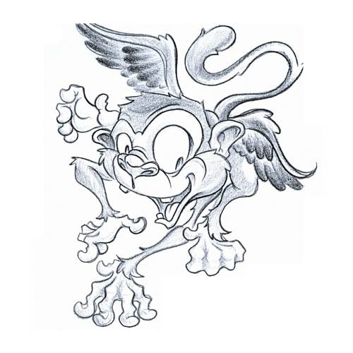 Flying cartoon monkey angel tattoo design