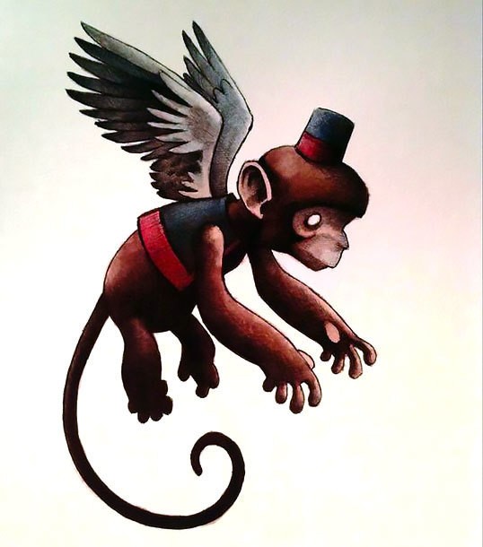Flying colorful monkey in cap tattoo design