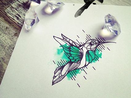 Flying hummingbird on green splash background tattoo design