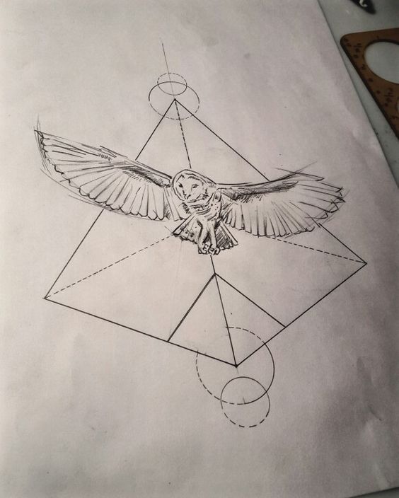 Flying owl on geometric drawing background tattoo design