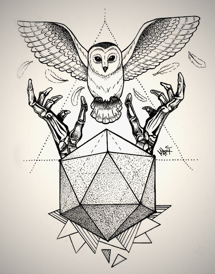 Flying owl with a huge polygon and skeleton hands tattoo design