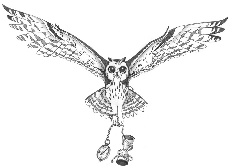 Flying owl with chained compass and hourglass tattoo design