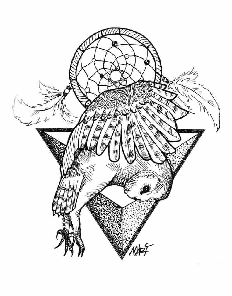 Flying owl with dream catcher and triangle tattoo design