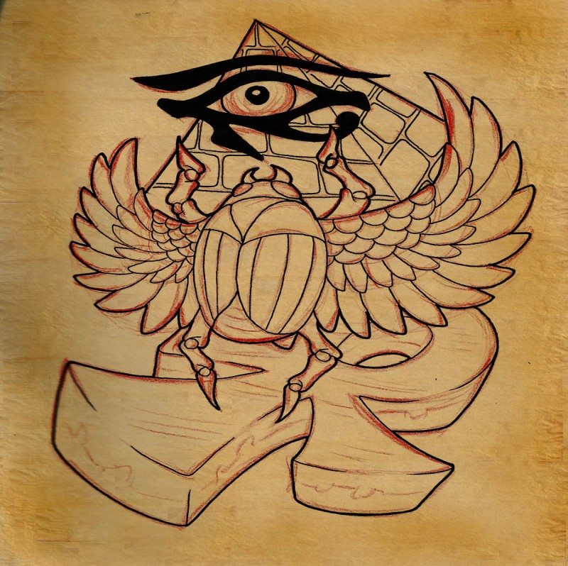 Flying scarab bug with ankh cross and egyptian pyramid tattoo design by 3rdeyedreams