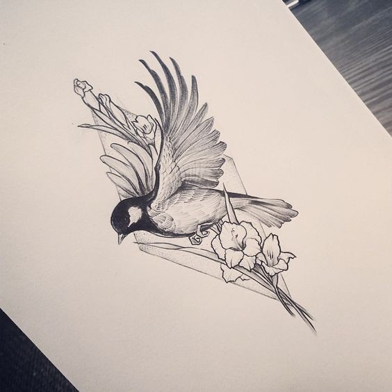 Flying sparrow with flowers on rhombus background tattoo design