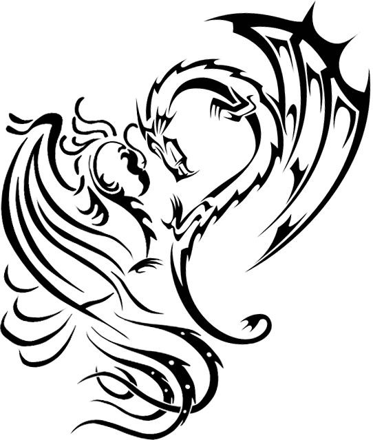Flying tribal dragon and phoenix in black color tattoo design