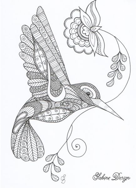 Folk-patterned hummingbird keeping a flower in a beak tattoo design