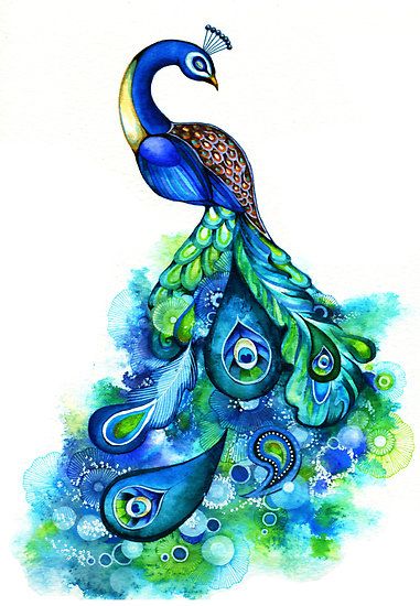 Folk blue-color peacock tattoo design