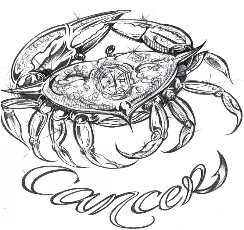 Free black-and-white shining crab with lettering tattoo design