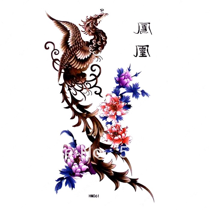 Free brown phoenix and colorful flowers in chinese style tattoo design