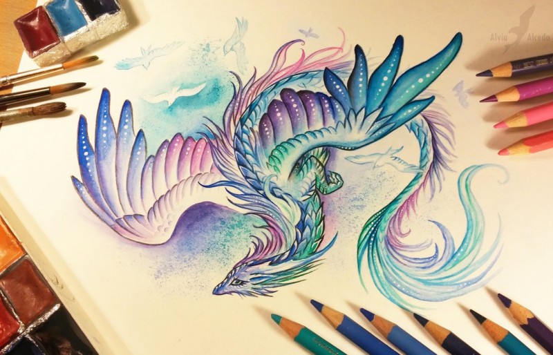 Free colorful dragon flying in the sky with doves tattoo design by Alviaalcedo
