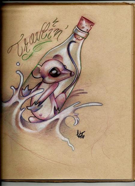 Frightened cartoon mouse swimming in bottle with lettering tattoo design