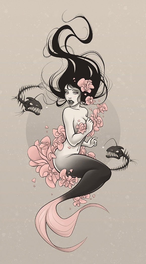 Frightened mermaid attacked with fish bones tattoo design