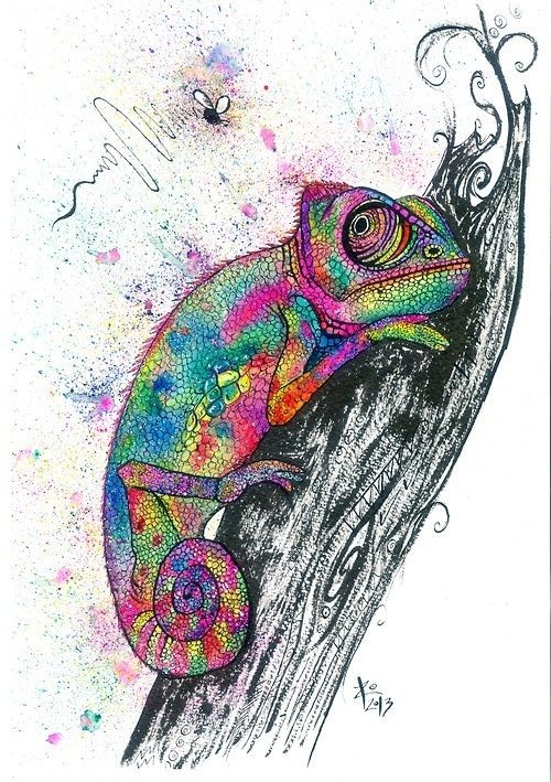 Frightened vivid watercolor chameleon cuddling tree stem tattoo design
