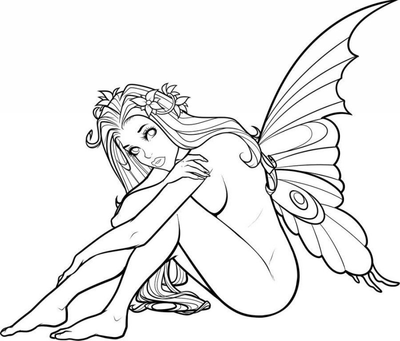 Frightening outline sitting fairy tattoo design