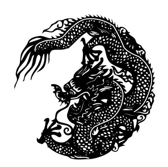 Full-black curled chinese dragon tattoo design