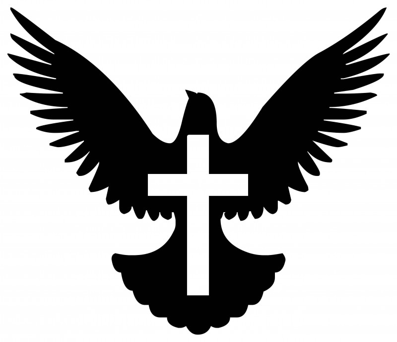 Full-black dove with huge white cross sign tattoo design