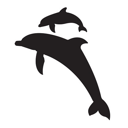 Full-black swimming dolphin mom and her baby tattoo design
