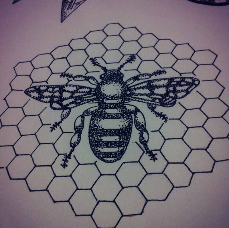 Full Dotwork Bee On Honeycomb Patterned Hexagon Background Tattoo