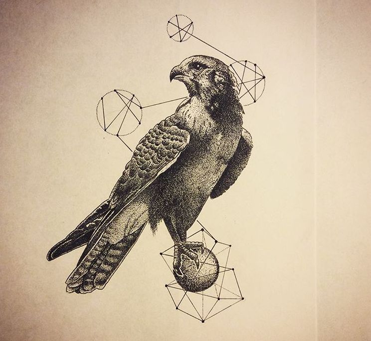 Full-size black-and-white bird with geometric figutes tattoo design