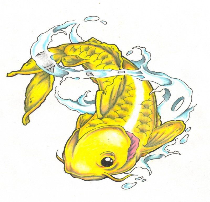 Full-yellow koi fish in swirly waves tattoo design