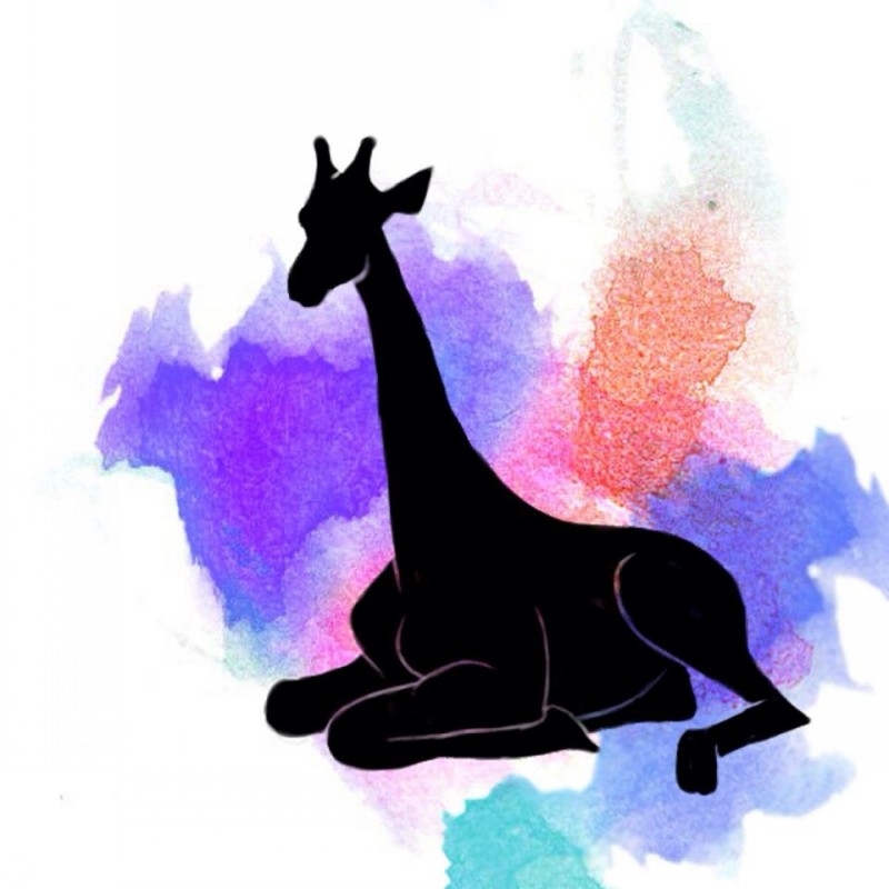 Full black giraffe resting on rainbow watercolor background tattoo design